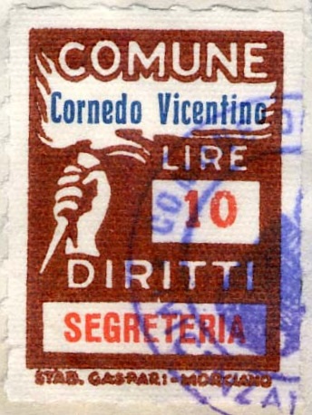 Marca da Bollo del Comune di CORNEDO VICENTINO su Carta Bianca di dimensioni 18,5 x 26 mm