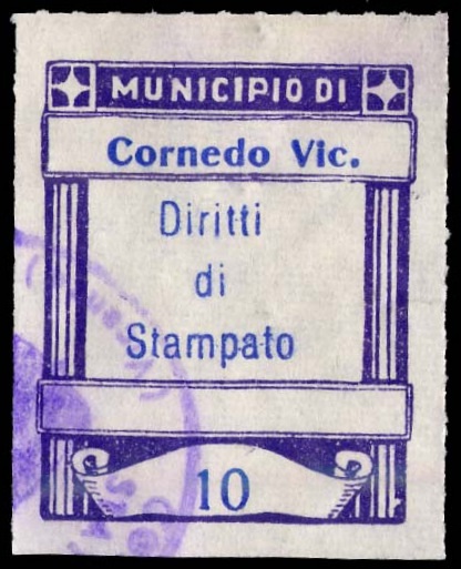 Marca da Bollo del Comune di CORNEDO VICENTINO su Carta Bianca di dimensioni 22 x 27 mm