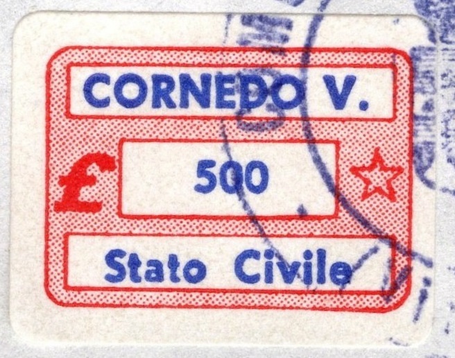 Marca da Bollo del Comune di CORNEDO VICENTINO su Carta Bianca di dimensioni 20 x 14 mm