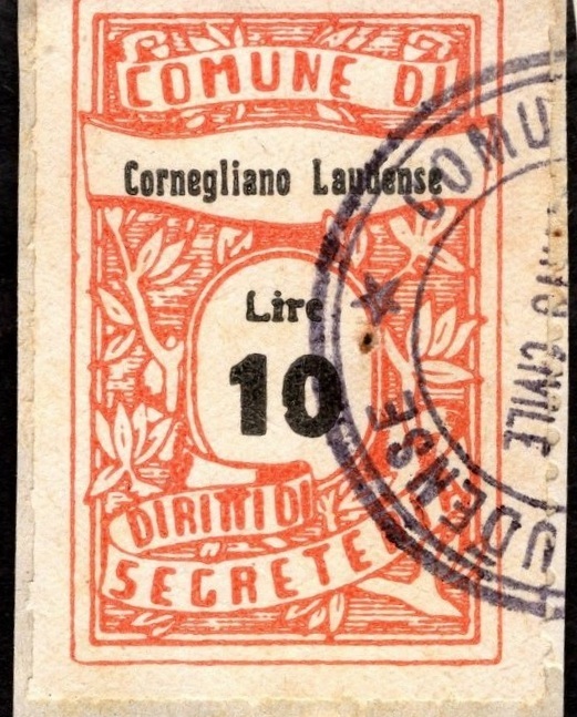 Marca da Bollo del Comune di CORNEGLIANO LAUDENSE su Carta Bianca di dimensioni 22,5 X 33 mm