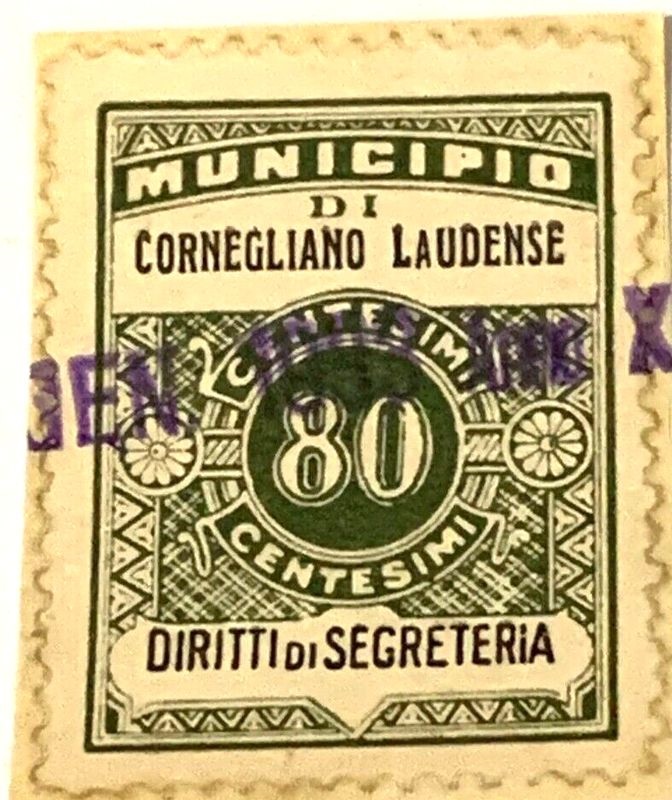 Marca da Bollo del Comune di CORNEGLIANO LAUDENSE su Carta Bianca di dimensioni 22,5 X 33 mm