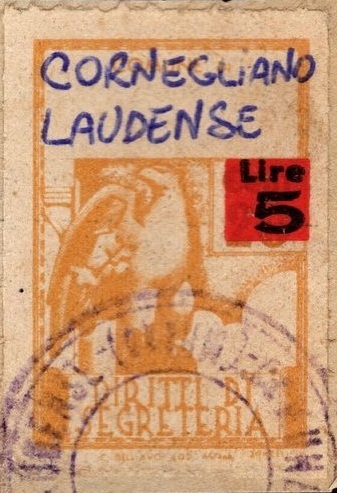 Marca da Bollo del Comune di CORNEGLIANO LAUDENSE su Carta Bianca di dimensioni 22,5 X 33 mm