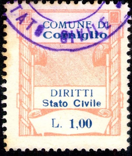 Marca da Bollo del Comune di CORNIGLIO su Carta Bianca di dimensioni 25 x 30,5 mm