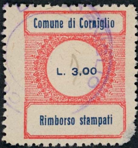 Marca da Bollo del Comune di CORNIGLIO su Carta Bianca di dimensioni 23 X 30 mm