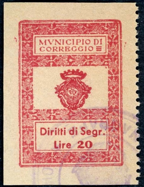Marca da Bollo del Comune di CORREGGIO su Carta Bianca di dimensioni 24 X 32 mm