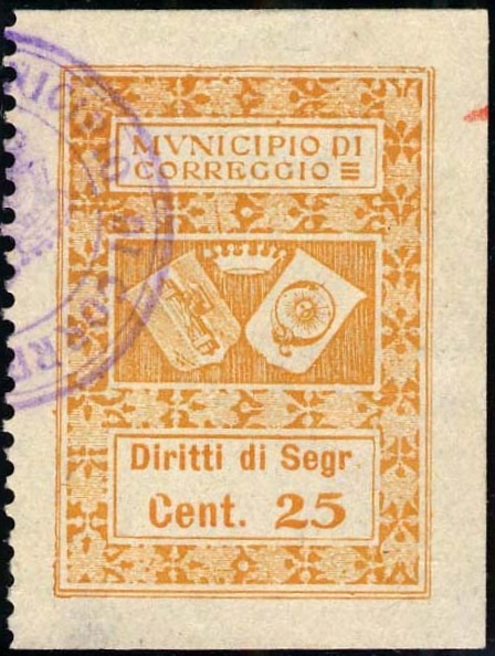 Marca da Bollo del Comune di CORREGGIO su Carta Bianca Sottile di dimensioni 23 X 33 mm