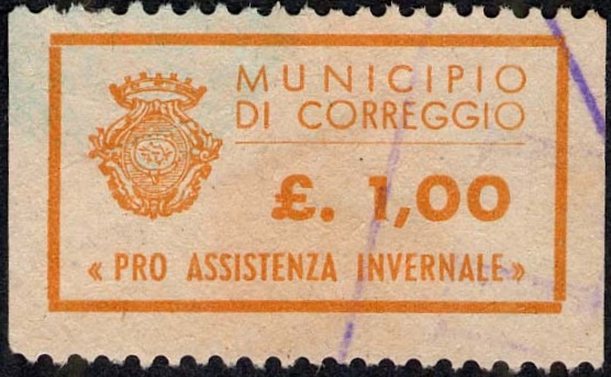 Marca da Bollo del Comune di CORREGGIO su Carta Bianca di dimensioni 28 x 14,5 mm