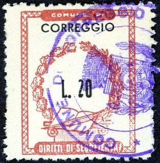 Marca da Bollo del Comune di CORREGGIO su Carta Bianca di dimensioni 20,5 x 26,5 mm