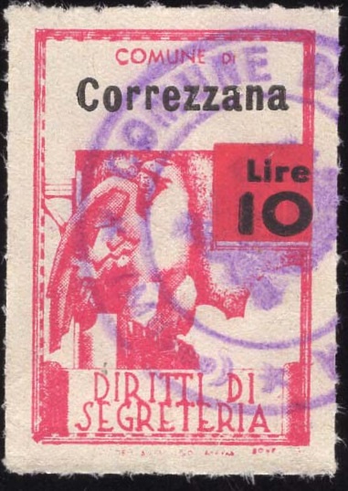Marca da Bollo del Comune di CORREZZANA su Carta Bianca di dimensioni 22,5 X 35 mm