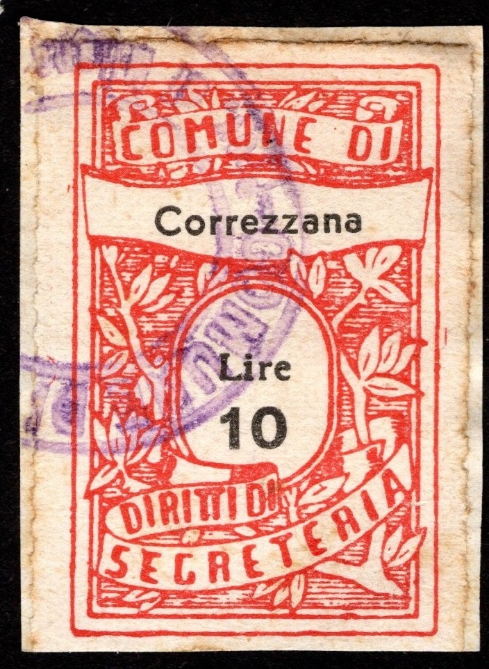 Marca da Bollo del Comune di CORREZZANA su Carta Bianca di dimensioni 22,5 X 35 mm