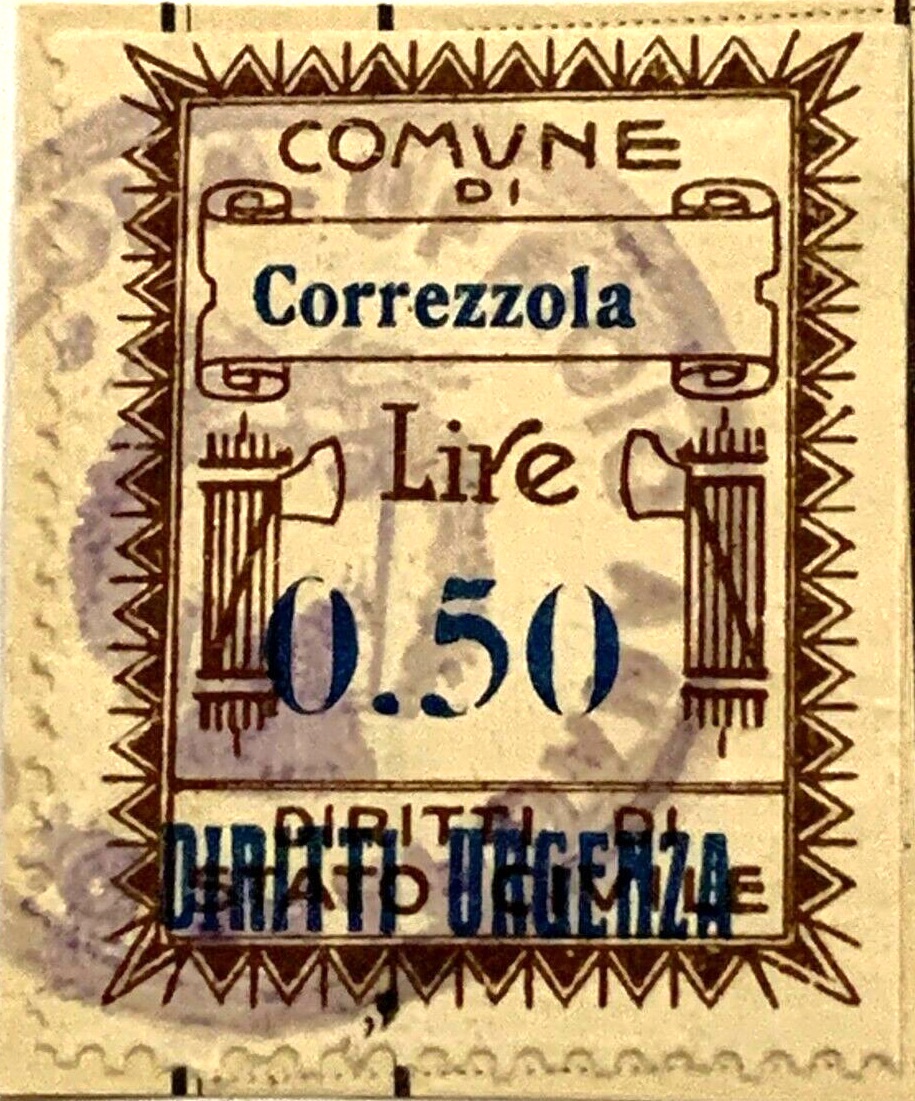 Marca da Bollo del Comune di CORREZZOLA su Carta Bianca di dimensioni 22,5 x 29 mm