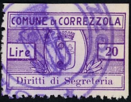 Marca da Bollo del Comune di CORREZZOLA su Carta Bianca di dimensioni 25 x 18 mm