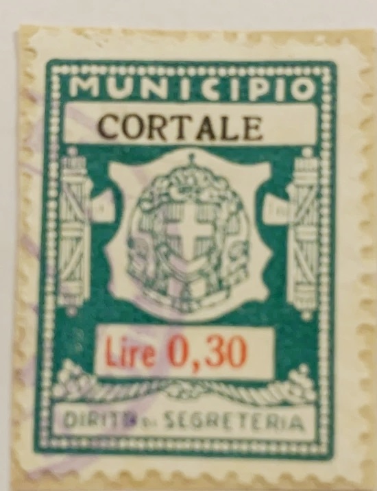 Marca da Bollo del Comune di CORTALE su Carta Bianca di dimensioni 26 x 35 mm