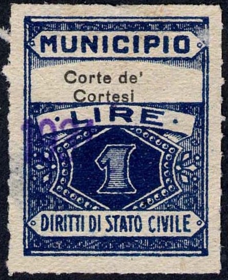 Marca da Bollo del Comune di CORTE DE CORTESI CON CIGNONE su Carta Bianca di dimensioni 22,5 x 29 mm
