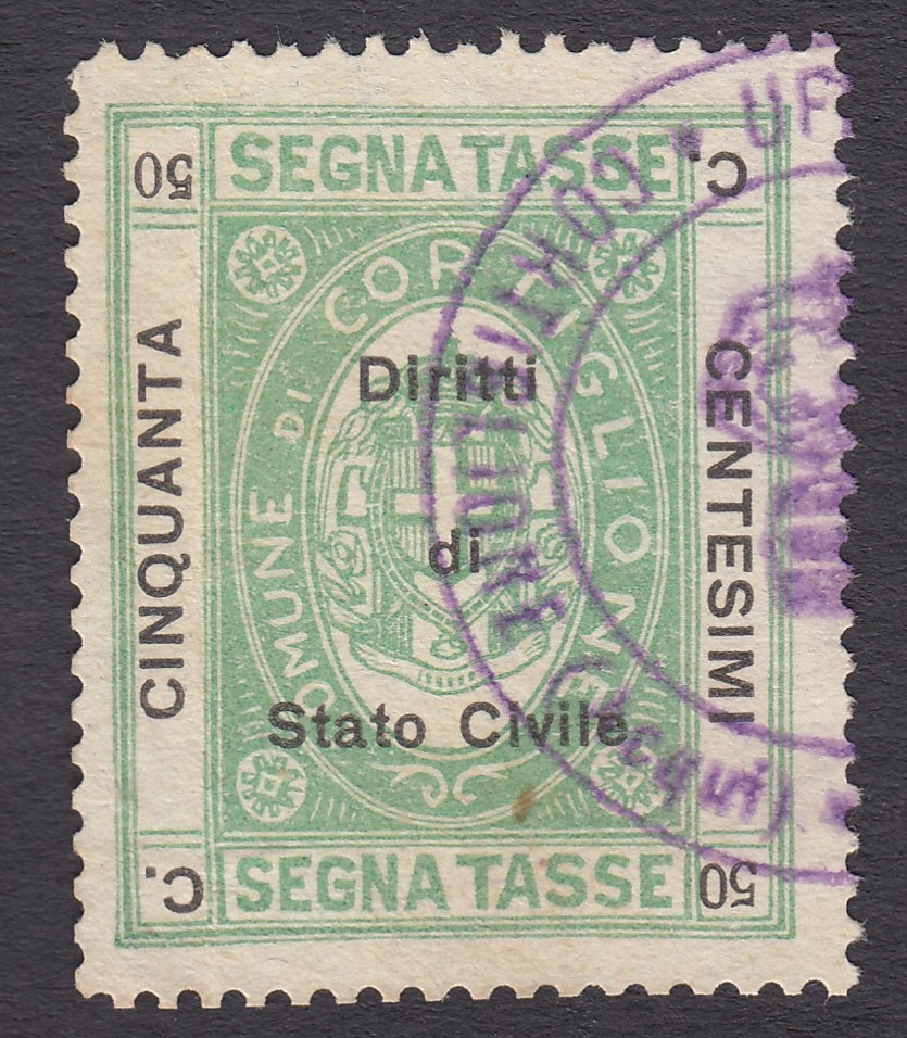 Marca da Bollo del Comune di CORTIGLIONE su Carta Bianca di dimensioni 26,5 x 32,5 mm