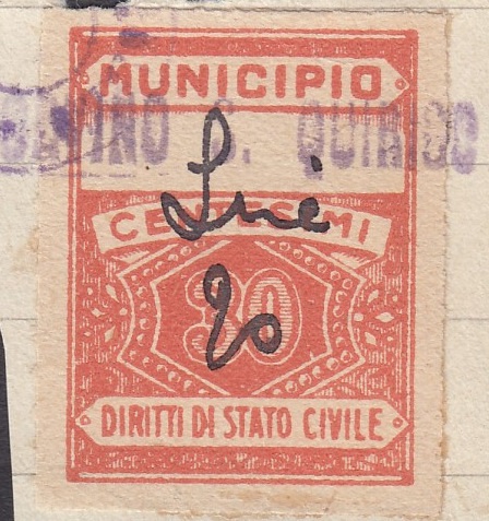 Marca da Bollo del Comune di CORVINO SAN QUIRICO su Carta Bianca di dimensioni 22,5 x 29 mm