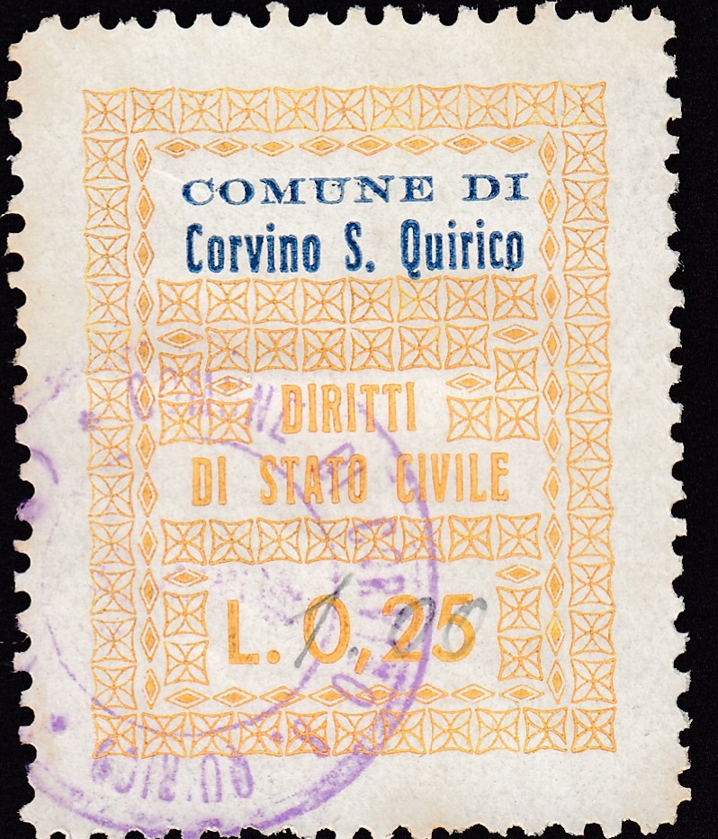 Marca da Bollo del Comune di CORVINO SAN QUIRICO su Carta Bianca Sottile di dimensioni 24 x 31 mm