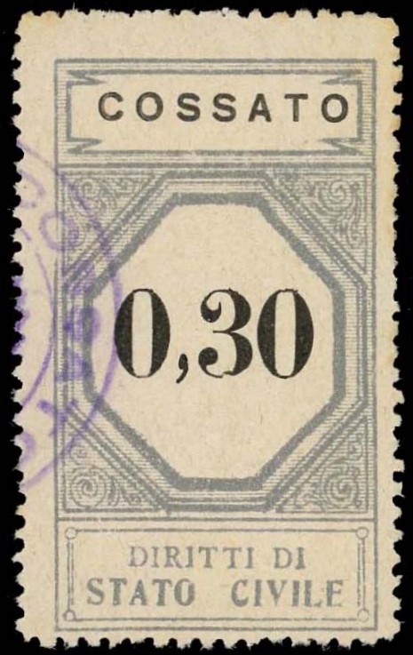 Marca da Bollo del Comune di COSSATO su Carta Bianca Sottile di dimensioni 24,5 x 43,5 mm
