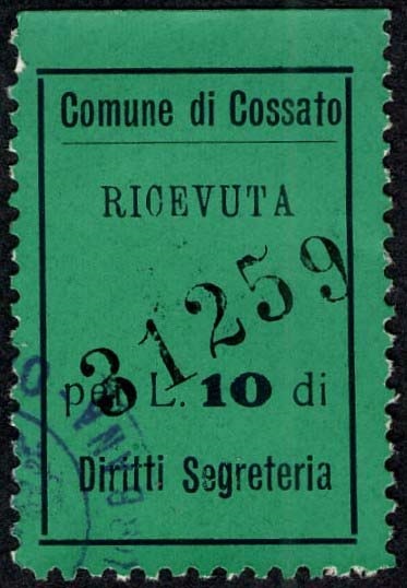 Marca da Bollo del Comune di COSSATO su Carta Bianca di dimensioni 19,5 x 30 mm