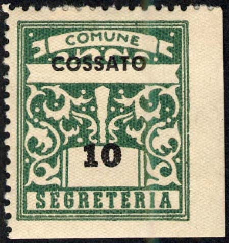 Marca da Bollo del Comune di COSSATO su Carta Bianca di dimensioni 23 x 26,5 mm