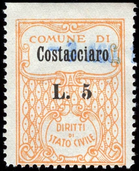 Marca da Bollo del Comune di COSTACCIARO su Carta Bianca di dimensioni 22,5 x 29 mm