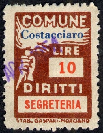 Marca da Bollo del Comune di COSTACCIARO su Carta Bianca di dimensioni 18,5 x 26 mm