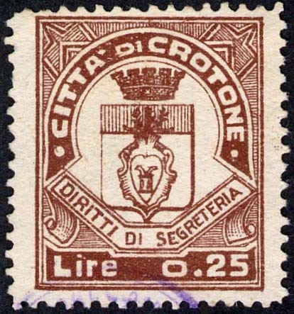 Marca da Bollo del Comune di CROTONE su Carta Bianca di dimensioni 22,5 x 27 mm