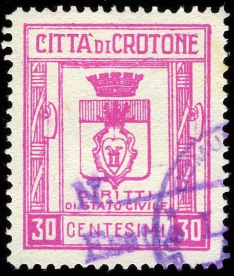 Marca da Bollo del Comune di CROTONE su Carta Bianca di dimensioni 24,5 x 29,5 mm