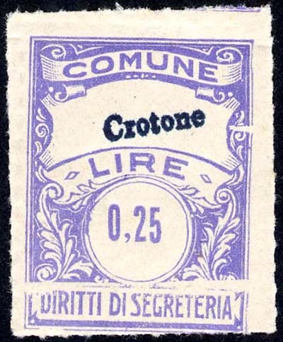 Marca da Bollo del Comune di CROTONE su Carta Bianca di dimensioni 22 x 29 mm