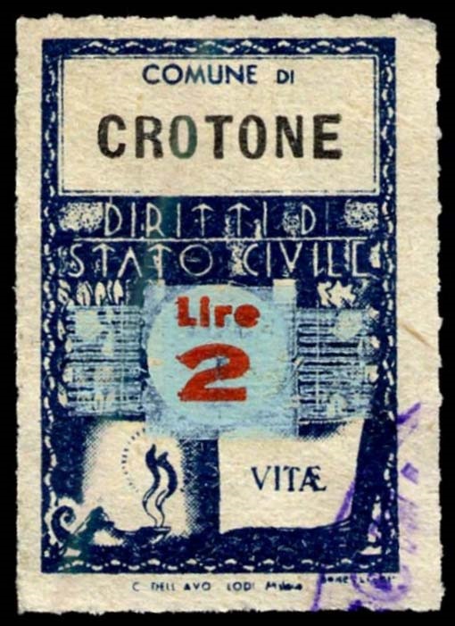 Marca da Bollo del Comune di CROTONE su Carta Bianca di dimensioni 21 x 33 mm