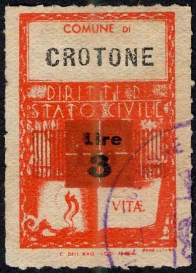 Marca da Bollo del Comune di CROTONE su Carta Bianca di dimensioni 21 x 33 mm