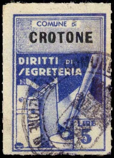 Marca da Bollo del Comune di CROTONE su Carta Bianca Sottile di dimensioni 21 X 32 mm