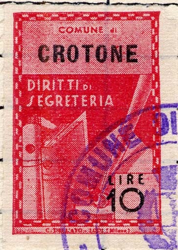 Marca da Bollo del Comune di CROTONE su Carta Bianca di dimensioni 21,5 x 32 mm