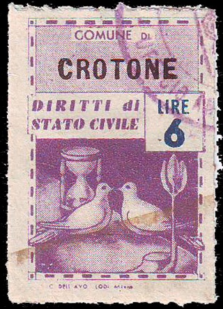 Marca da Bollo del Comune di CROTONE su Carta Bianca Sottile di dimensioni 21 x 32,5 mm