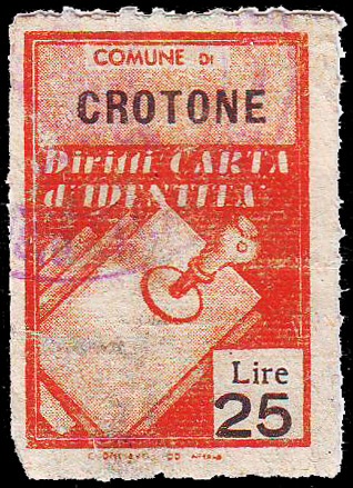 Marca da Bollo del Comune di CROTONE su Carta Bianca di dimensioni 21,5 x 32 mm