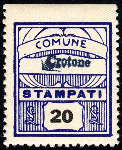 Marca da Bollo del Comune di CROTONE su Carta Bianca di dimensioni 23 x 27 mm