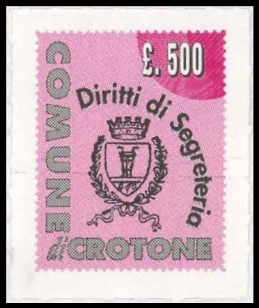 Marca da Bollo del Comune di CROTONE su Carta Bianca di dimensioni mm