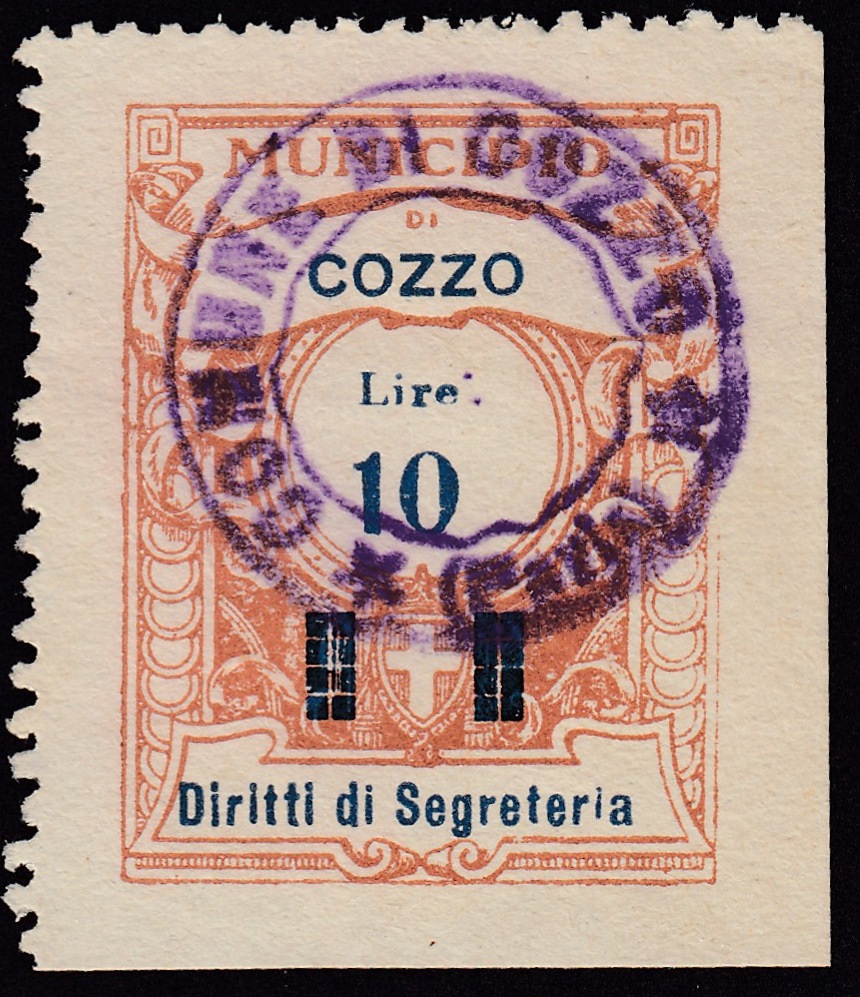 Marca da Bollo del Comune di COZZO su Carta Bianca di dimensioni 23,5 x 31 mm