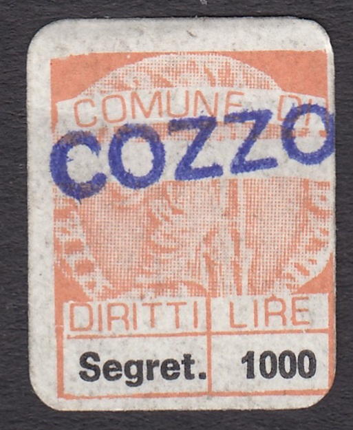 Marca da Bollo del Comune di COZZO su Carta Bianca Sottile di dimensioni 16 x 20 mm