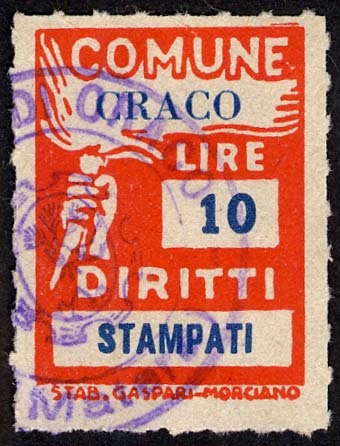 Marca da Bollo del Comune di CRACO su Carta Bianca di dimensioni 18,5 x 26 mm