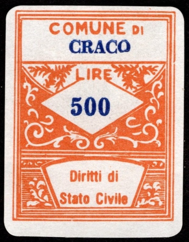 Marca da Bollo del Comune di CRACO su Carta Bianca di dimensioni 16 x 22 mm