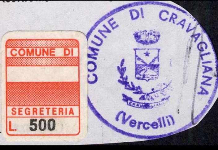 Marca da Bollo del Comune di CRAVAGLIANA su Carta Bianca di dimensioni 15 x 20 mm