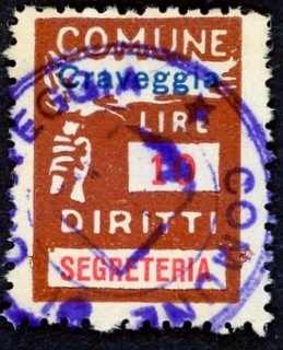 Marca da Bollo del Comune di CRAVEGGIA su Carta Bianca di dimensioni 18,5 x 26 mm