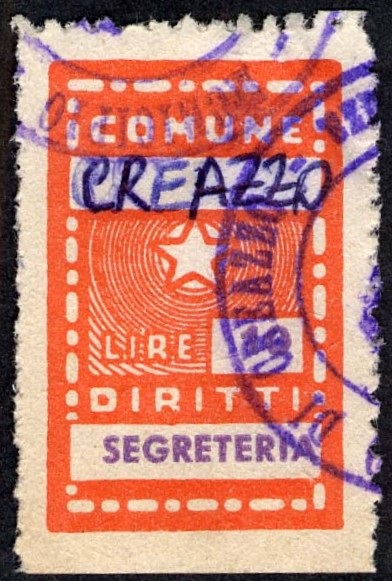 Marca da Bollo del Comune di CREAZZO su Carta Bianca di dimensioni 19 x 30,5 mm