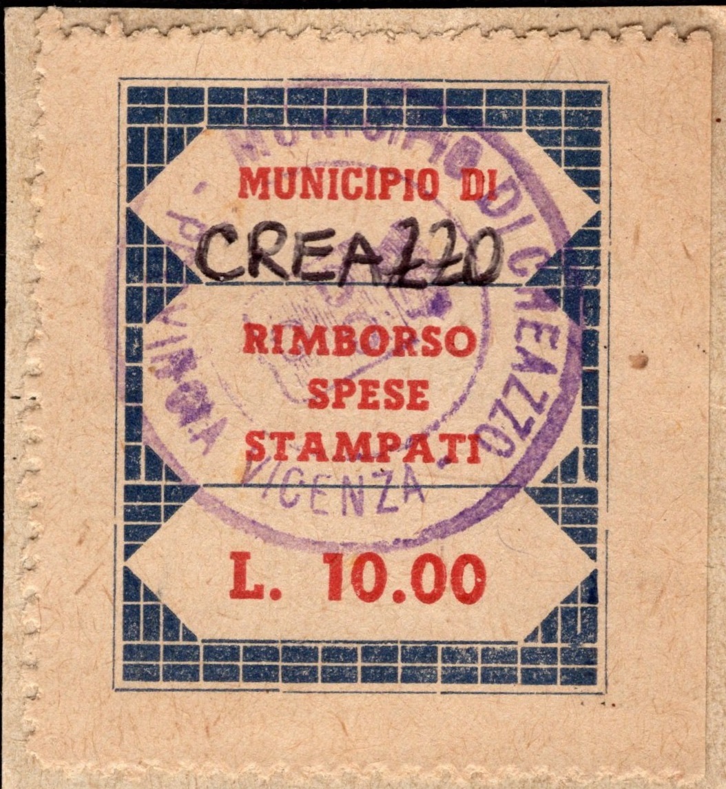 Marca da Bollo del Comune di CREAZZO su Carta Bianca di dimensioni 21 x 29 mm