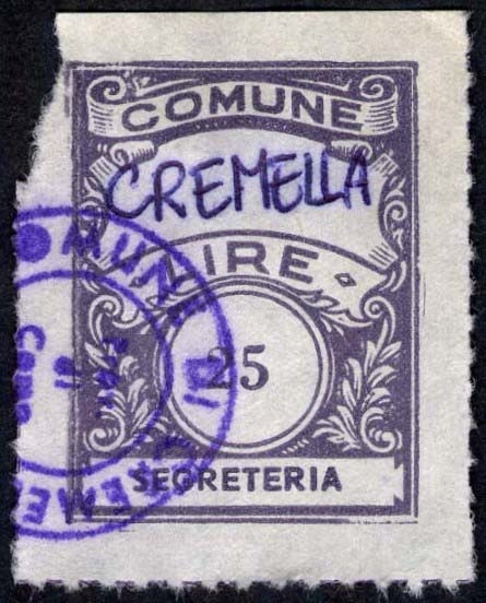 Marca da Bollo del Comune di CREMELLA su Carta Bianca di dimensioni 22,5 x 29 mm