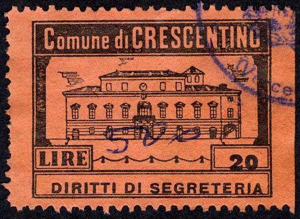 Marca da Bollo del Comune di CRESCENTINO su Carta Colorata di dimensioni 33,5 x 25 mm