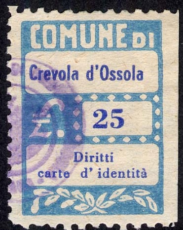 Marca da Bollo del Comune di CREVOLADOSSOLA su Carta Bianca Sottile di dimensioni 20 x 28 mm