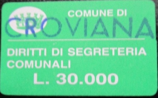 Marca da Bollo del Comune di CROVIANA su Carta Colorata di dimensioni 37 x 23 mm