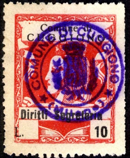 Marca da Bollo del Comune di CUGGIONO su Carta Bianca di dimensioni 23 x 29,5 mm